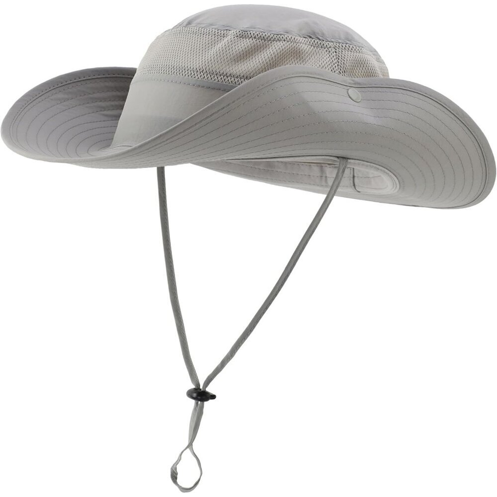 Unisex Grey 100% Polyester Wide Brim Boonie Mesh With Chin Strap Bucket Sun Hat
